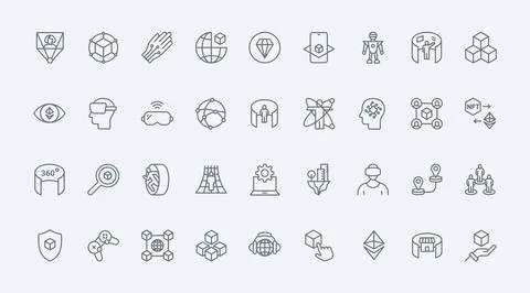 Metaverse thin line icons set, VR glasses for virtual world simulation, video Stock Illustration