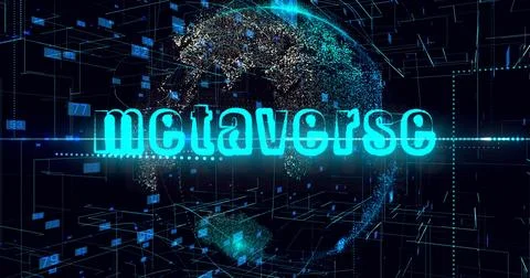 Metaverse title, Animation of data processing over globe. Concept Artificial Stock Illustration