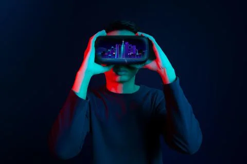 Metaverse virtual reality, augmented reality technology world connection. Man Stock Photos