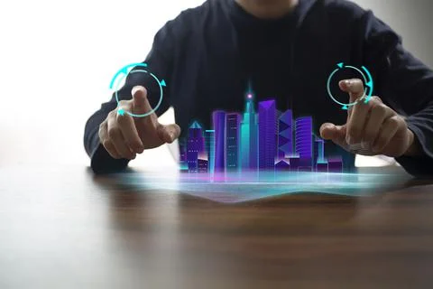 Metaverse virtual reality, augmented reality technology downtown control Stock Photos