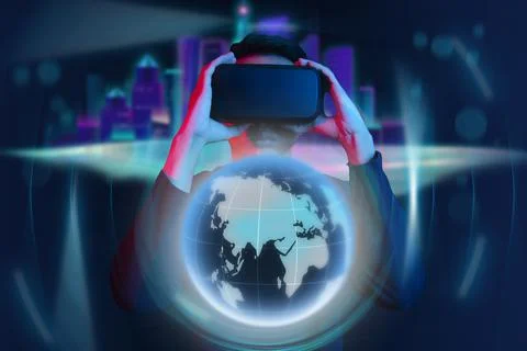 Metaverse virtual reality, augmented reality technology world connection. Man Stock Photos