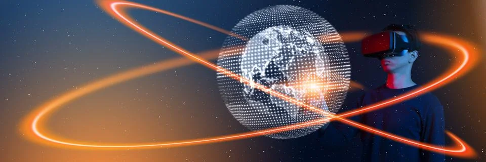 Metaverse virtual reality, augmented reality technology world connection. Man Stock Photos