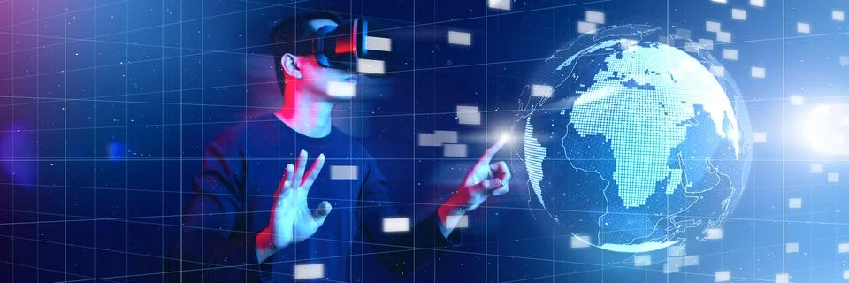 Metaverse virtual reality, augmented reality technology world connection. Man Stock Photos