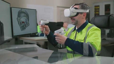 Metaverse virtual worlds concept. Mature industrial engineer in vr headset Stock Footage 202015925