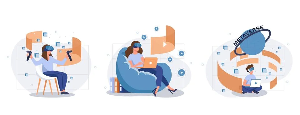 Metaverse web concept with people scenes set in flat style Illustrazione stock