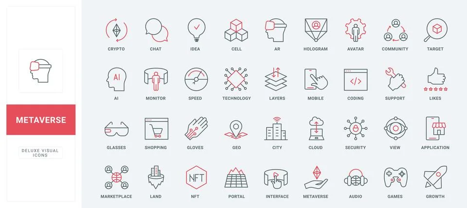 Metaverse, world experience in virtual reality, interactive hologram line icons 스톡 일러스트