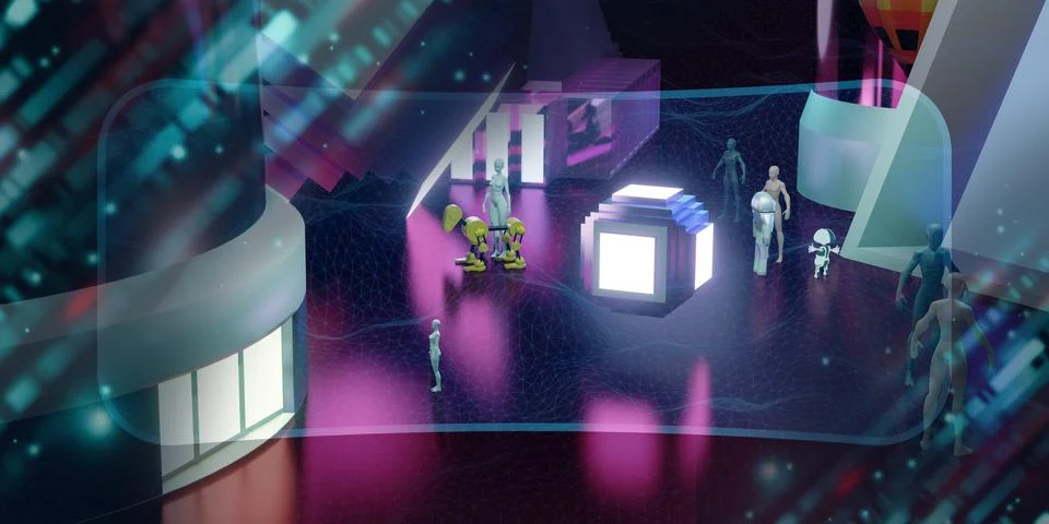Metaverse world virtual world through vr glasses and VR camera see the city.. Stock Illustration