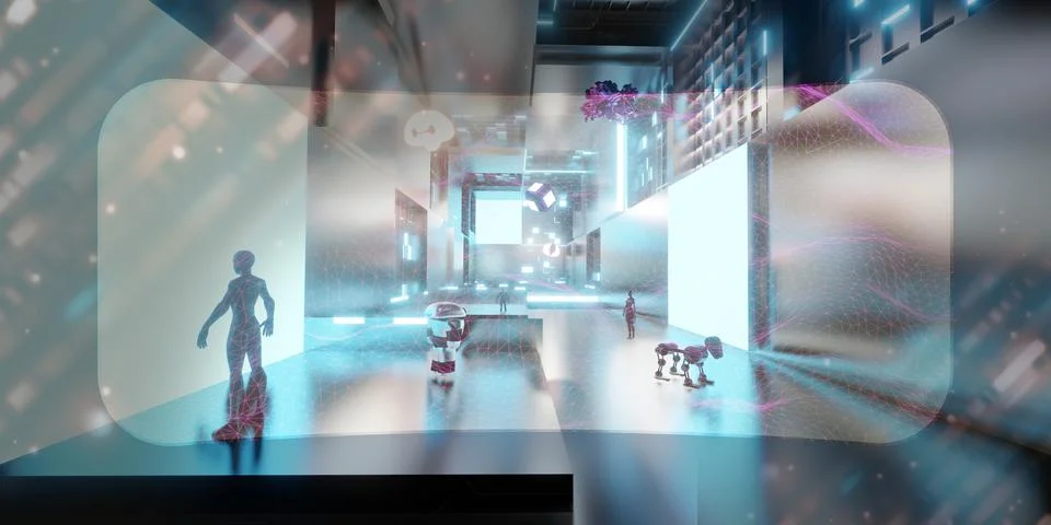 Metaverse world virtual world through vr glasses and VR camera see the city.. Stock Illustration