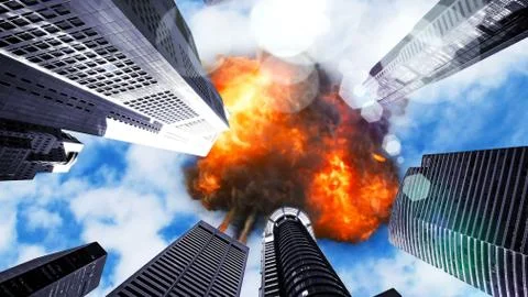 Meteor explodes in the sky over skyscrapers イラスト素材