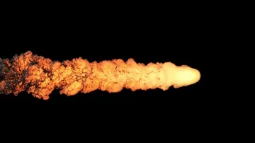 Meteor or asteroid fly leaving trail of fire and smoke, with alpha mask Stock Footage 85760982