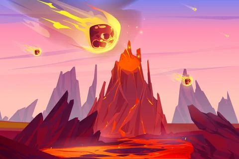 Meteor rain falling on Earth with erupting volcano Stock Illustration