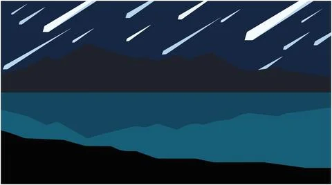 Meteor shower over dark mountain landscape with landscape mountain silhouette Stock Illustration