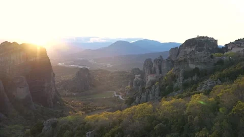 Meteora Greece Grand Meteoron Monastery at Sunset. Epic Wide View Beautiful.. Stock Footage 336515412