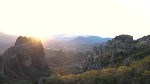 Meteora Greece Grand Meteoron Monastery at Sunset. Panorama Epic Wide View .. Stock Footage 336515416