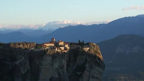 Meteora Greece Monastery of the Holy Trinity (Agia Triada) Wide at Sunset. .. Stock Footage 336515403