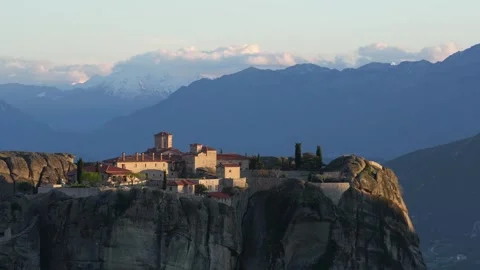 Meteora Greece Monastery of the Holy Trinity (Agia Triada) at Sunset. On Ed.. Stock Footage 336515411