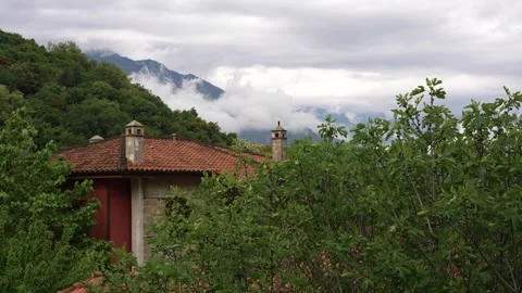 Meteora Greece Rooftop with Low Clouds in the Distance. Close Up View of Te.. Video stock 334871084