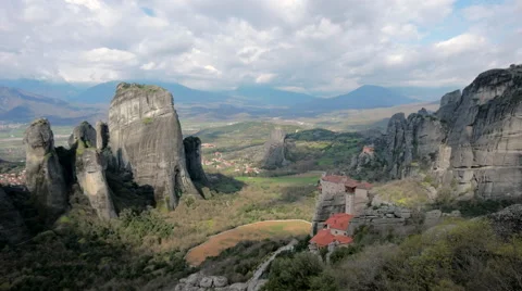Meteora Monasteries panning shot Stock Footage