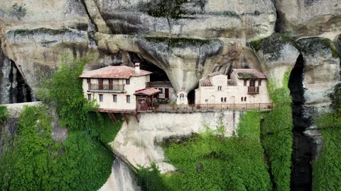 Meteora Monastery – Aerial Orbit of Cliffside Monastic Retreat Stock Footage 323111773
