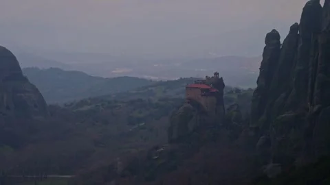 Meteora Monastery Silhouetted Against Misty Valley in Greece Stock-Footage 344248767