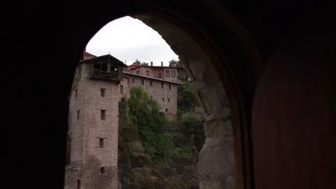 Meteora monastery thessaly, door view monastery holy trinity in meteora greece Video stock 129090778
