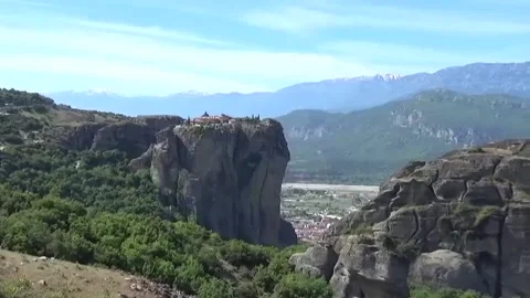 Meteora  mountain caves. left to right Stock Footage 142273542
