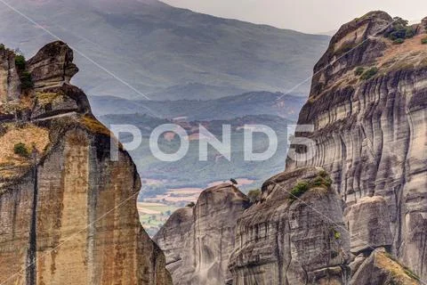 Meteora rock formations and monasteries Stock Photos