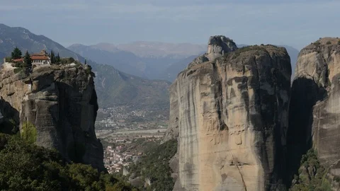 Meteora rocks and holy Trinity monastery in Greek Thessalia region 4K pannin Stock Footage 122428258