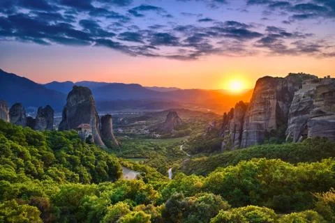Meteora &amp; Sunset Stock Photos