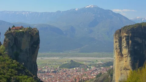 Meteora Valley with the town of Kalampaka, Greece. Steadicam shot Stock Footage 106974553