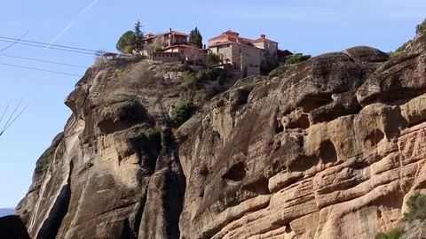 Meteora, view with the Great Meteoron monastery Stock Footage 83052998