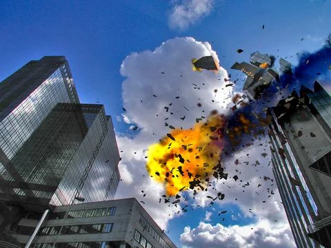 Meteorite, asteroid or comet hits skycraper building and destroy it Stock Photos