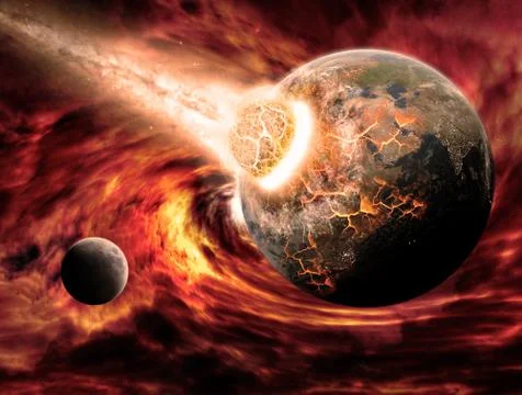 Meteorite impact on a planet in space Illustrazione stock
