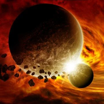 Meteorite impact on a planet in space Illustrazione stock