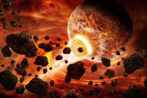 Meteorite impact on a planet in space Illustrazione stock
