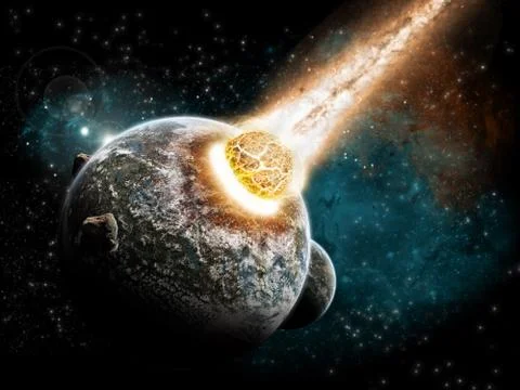 Meteorite impact on a planet in space Illustrazione stock