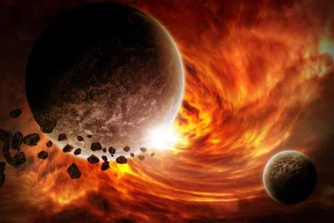 Meteorite impact on a planet in space Illustrazione stock