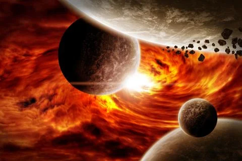 Meteorite impact on a planet in space Illustrazione stock