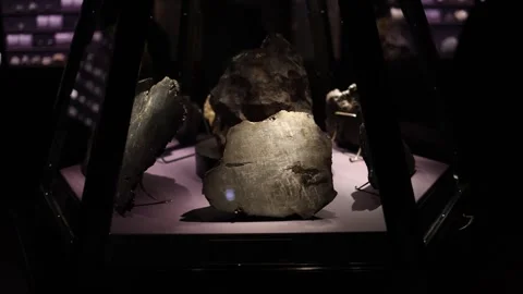 Meteorite specimen from Toluca, Mexico, displayed in a dimly lit museum exhibit. Stock Footage 289636463