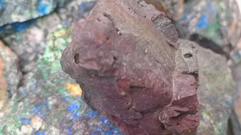 Meteorite Stone on Raw Copper Ore with Azurite, Malachite &amp;amp; Bornite Stock Footage 323778914