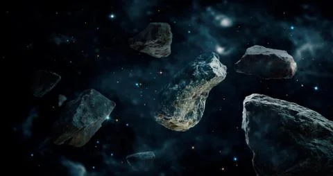 Meteorites in deep space planets. Asteroids in distant solar system. Science Stock Photos