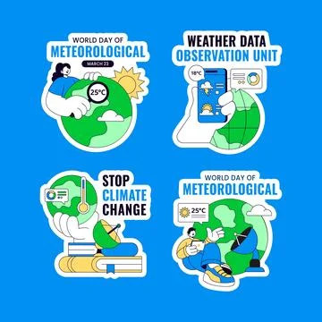 Meteorological Day Label Design Flat Cartoon Hand Drawn Weather Background .. Stock Illustration