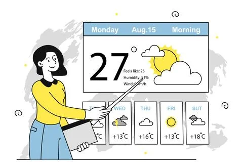 Meteorologist with pointer. Woman with pointer tells weather forecast Stock-Illustration