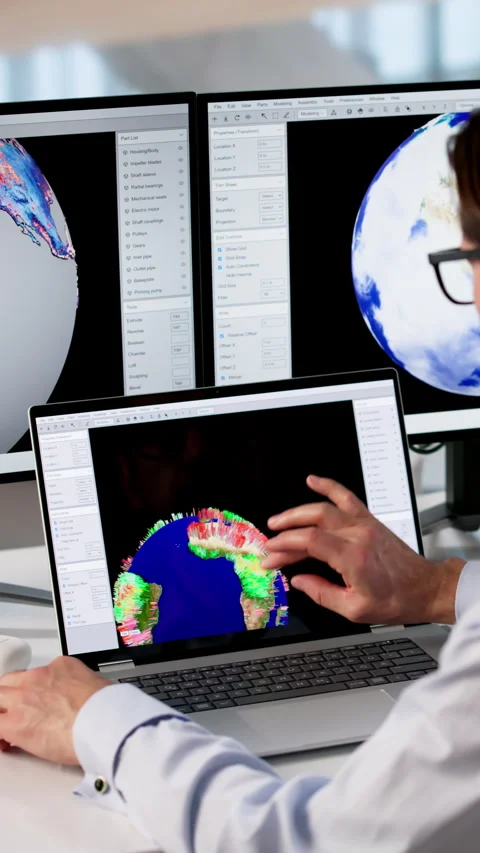 Meteorologist Studies Computer Data To Forecast Weather Stock Footage 335459069