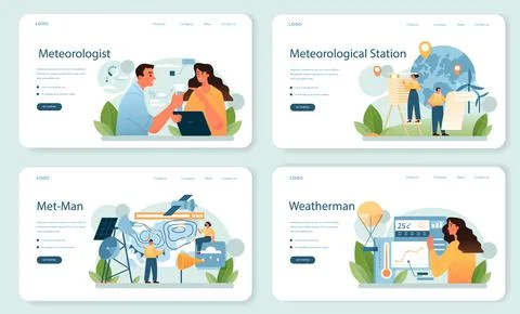 Meteorologist web banner or landing page set. Weather forecaster studying Stock Illustration