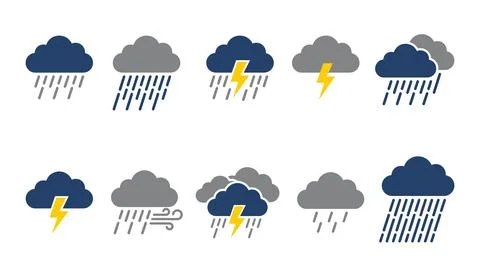 Meteorology icon collection with storm clouds rain lightning and wind symbo.. Stock Illustration