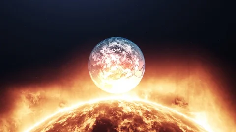 Meteors are attacking Earth. Flying near the sun. Stock Footage 108651365