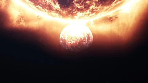 Meteors are attacking Earth. Flying near the sun. Stock Footage 108651606