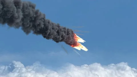Meteors asteroids or rockets burning over clouds, Camera follows Stock Footage 225604174