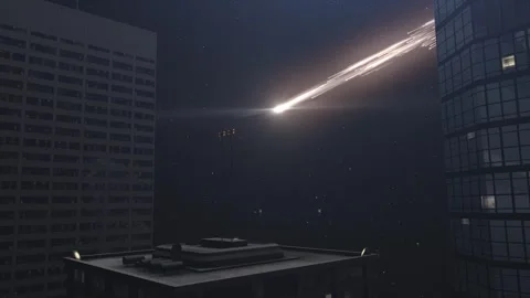 Meteors or space junk Burning behind skyscrapers in the sky. Stock Footage 247873433